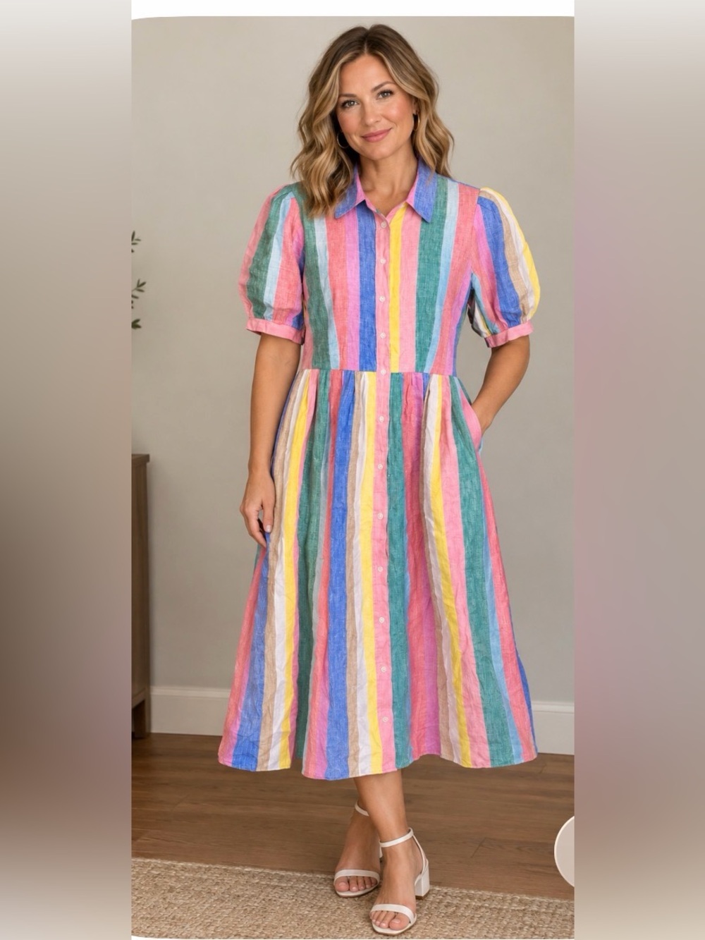 Boden Pastel Multi-Stripe Button-Front Linen Midi Dress Size 10